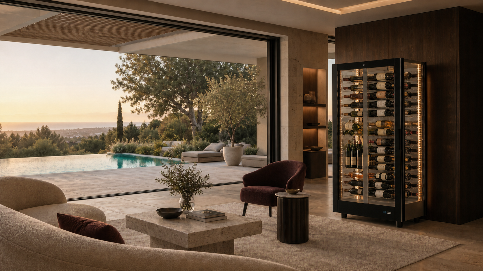 Cave à vin privée dans une villa contemporaine ouverte sur une piscine et la Méditerranée au coucher du soleil