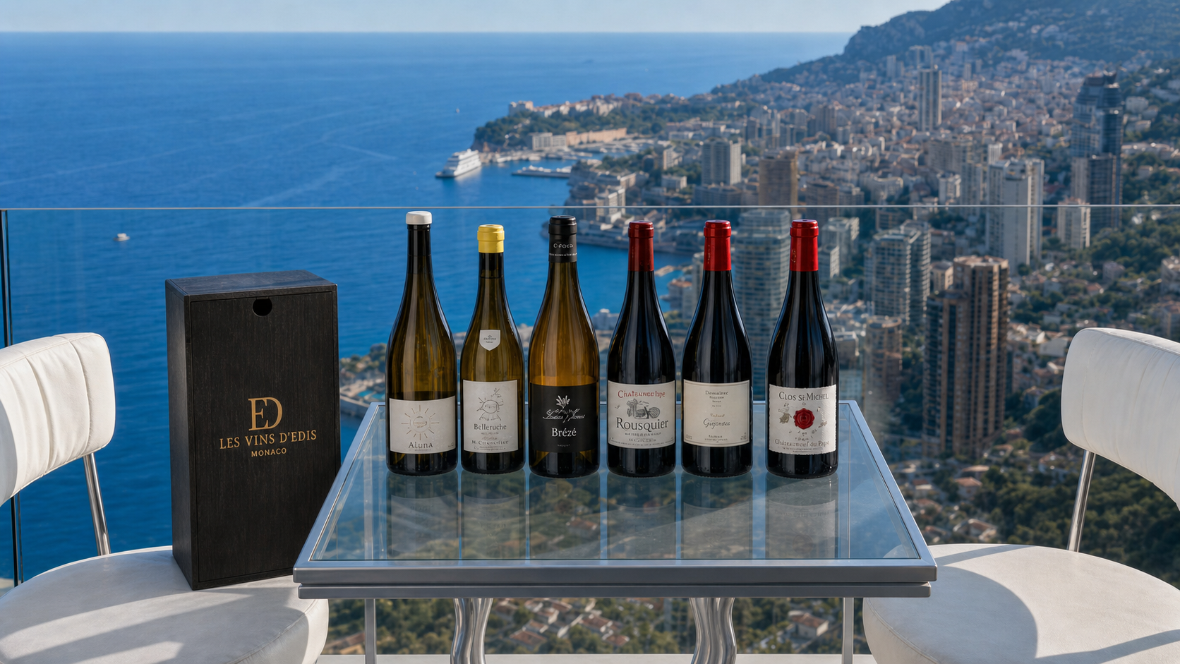 Sélection Vignerons d’auteur en cadrage rapproché, avec six bouteilles et caisse Les Vins d’Edis face à Monaco